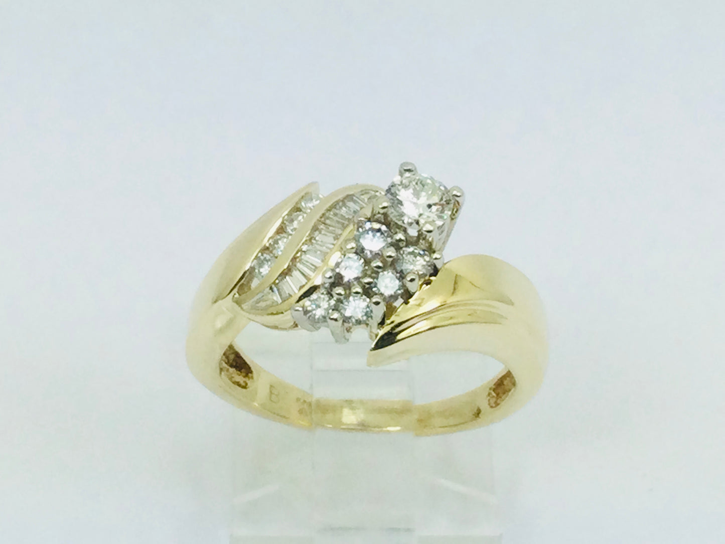 14k Yellow Gold Round and Baguette Cut 0.70ct Diamond Cluster Ring