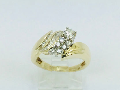 14k Yellow Gold Round and Baguette Cut 0.70ct Diamond Cluster Ring
