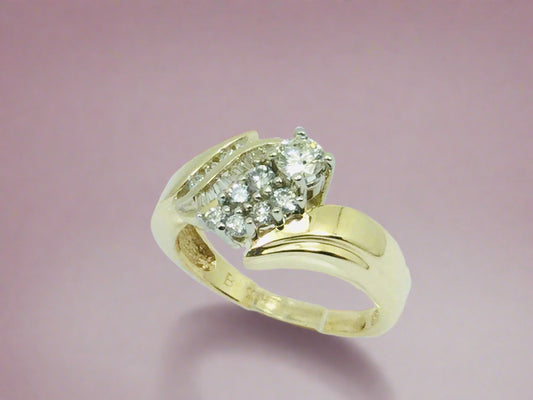 14k Yellow Gold Round and Baguette Cut 0.70ct Diamond Cluster Ring