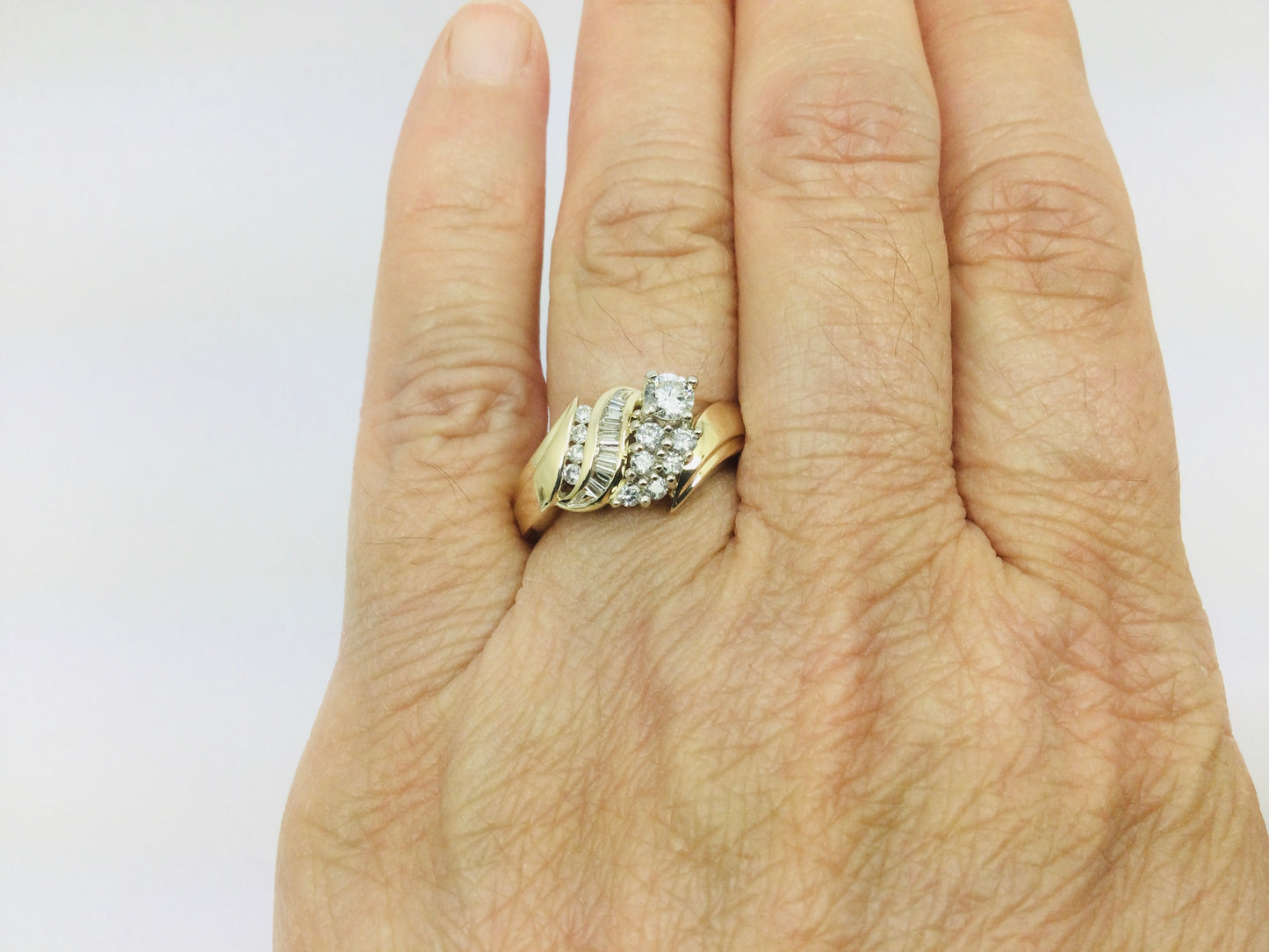 14k Yellow Gold Round and Baguette Cut 0.70ct Diamond Cluster Ring