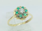 14k Yellow Gold Round Cut 12pt Emerald May Birthstone & 10pt Diamond Floral Ring