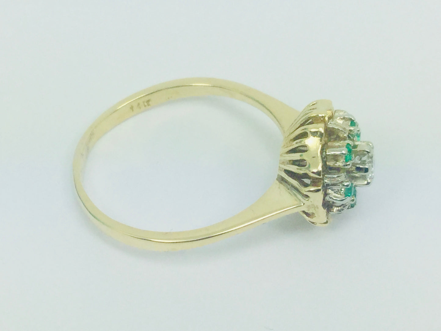 14k Yellow Gold Round Cut 12pt Emerald May Birthstone & 10pt Diamond Floral Ring