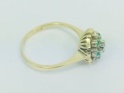 14k Yellow Gold Round Cut 12pt Emerald May Birthstone & 10pt Diamond Floral Ring