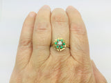 14k Yellow Gold Round Cut 12pt Emerald May Birthstone & 10pt Diamond Floral Ring