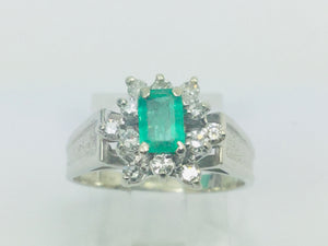 14k White Gold Emerald Cut 50pt Emerald May Birthstone & 24pt Diamond Cluster Ring