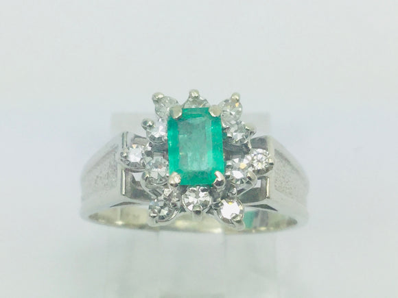 14k White Gold Emerald Cut 50pt Emerald May Birthstone & 24pt Diamond Cluster Ring