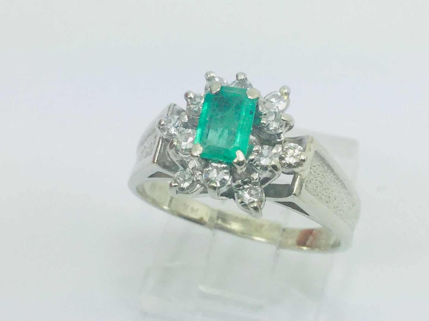 14k White Gold Emerald Cut 50pt Emerald May Birthstone & 24pt Diamond Cluster Ring
