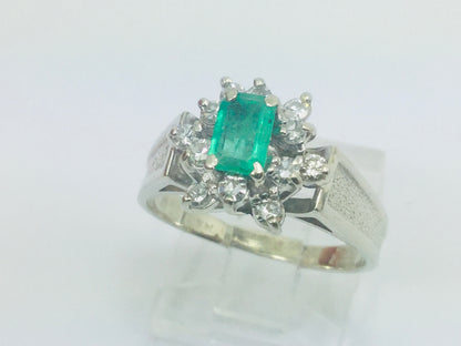 14k White Gold Emerald Cut 50pt Emerald May Birthstone & 24pt Diamond Cluster Ring