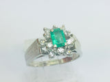 14k White Gold Emerald Cut 50pt Emerald May Birthstone & 24pt Diamond Cluster Ring