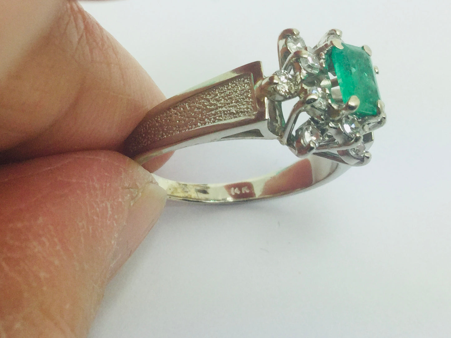 14k White Gold Emerald Cut 50pt Emerald May Birthstone & 24pt Diamond Cluster Ring