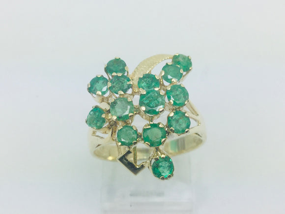 14k Yellow Gold Round Cut 1.6ct Emerald May Birthstone Unique Cluster Ring