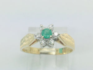 14k Yellow Gold Round Cut 12pt Emerald May Birthstone & 12pt Diamond Halo Ring