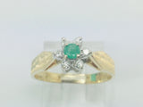 14k Yellow Gold Round Cut 12pt Emerald May Birthstone & 12pt Diamond Halo Ring