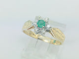 14k Yellow Gold Round Cut 12pt Emerald May Birthstone & 12pt Diamond Halo Ring