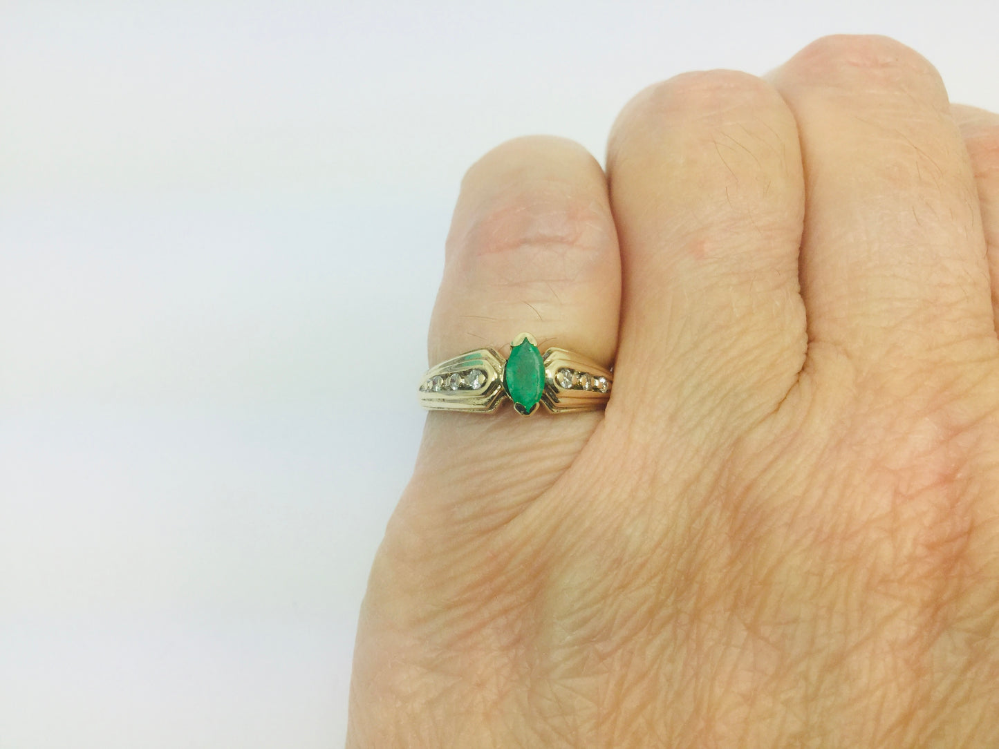 10k Yellow Gold Marquise Cut 30pt Emerald May Birthstone & 6pt Diamond Row Set Ring