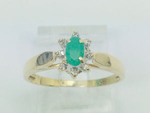 14k Yellow Gold Oval Cut 25pt Emerald May Birthstone & 4pt Diamond Halo Ring