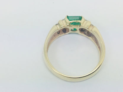 14k Yellow Gold Emerald Cut 75pt Emerald May Birthstone & 36pt Diamond Row Set Ring
