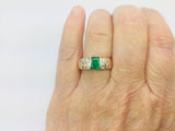 14k Yellow Gold Emerald Cut 75pt Emerald May Birthstone & 36pt Diamond Row Set Ring