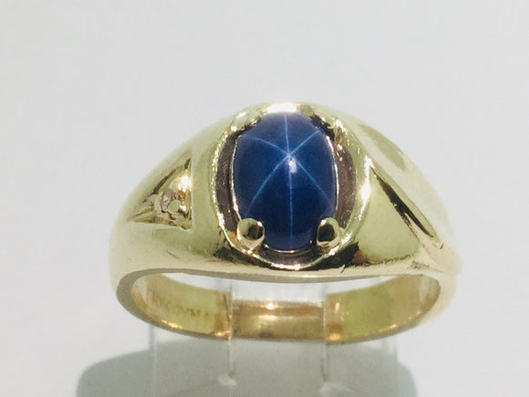 10k Yellow Gold Oval Cut Star Sapphire September Birthstone & 1pt Diamond Ring