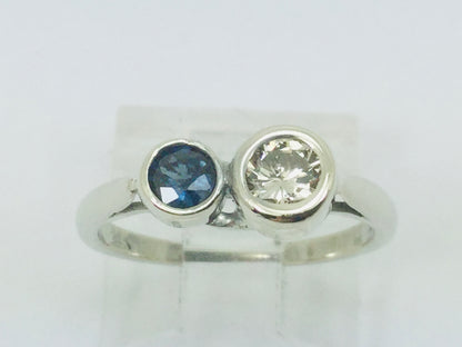 14k White Gold Round Cut 25pt Diamond & 16pt Sapphire Ring