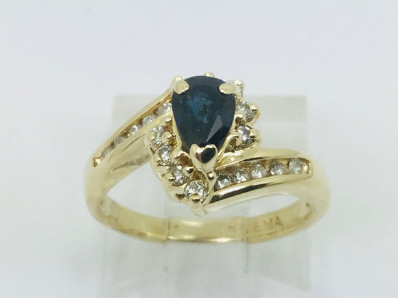 14k Yellow Gold Pear Cut 50pt Sapphire September Birthstone & 25pt Diamond Ring