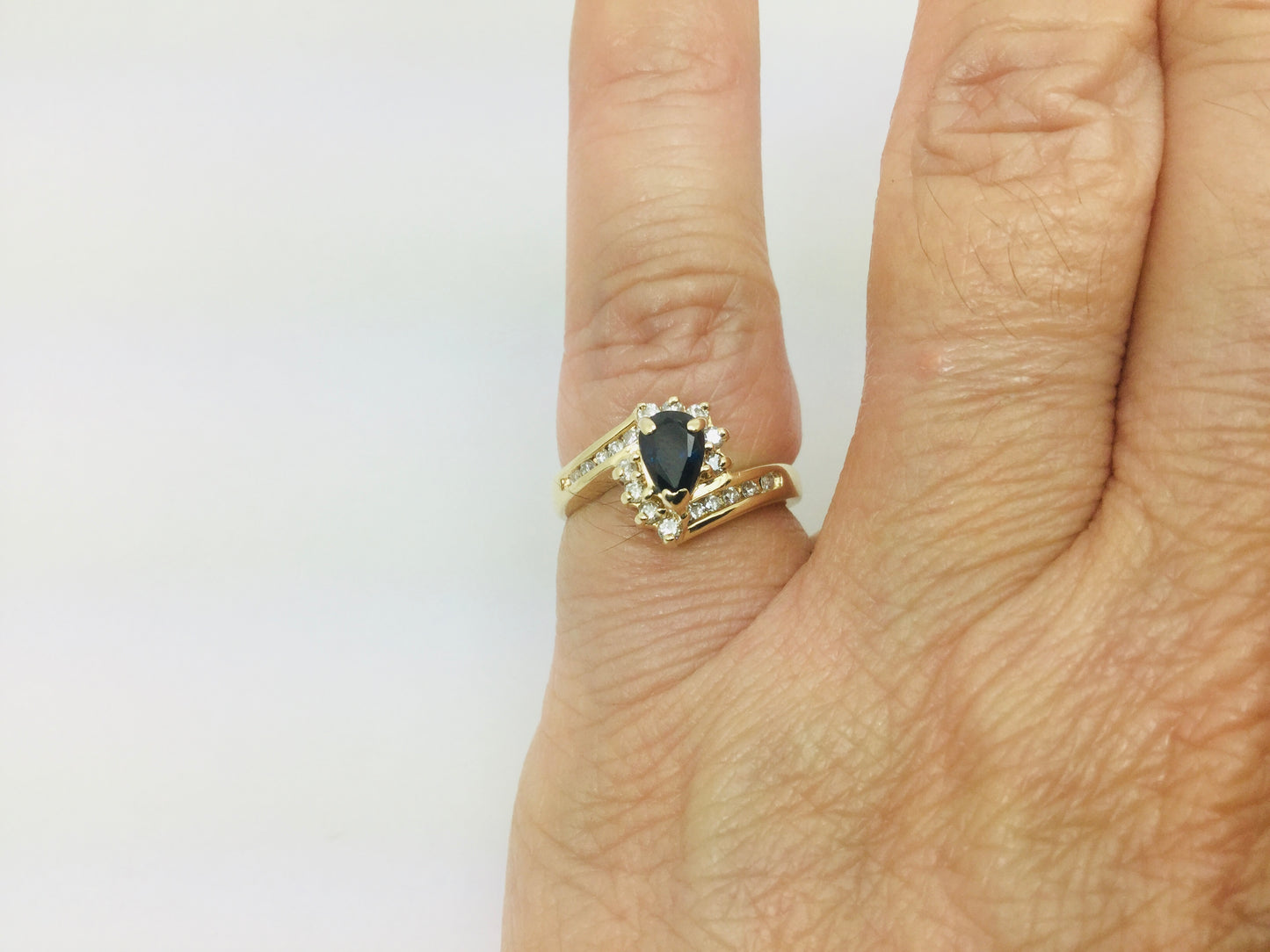 14k Yellow Gold Pear Cut 50pt Sapphire September Birthstone & 25pt Diamond Ring