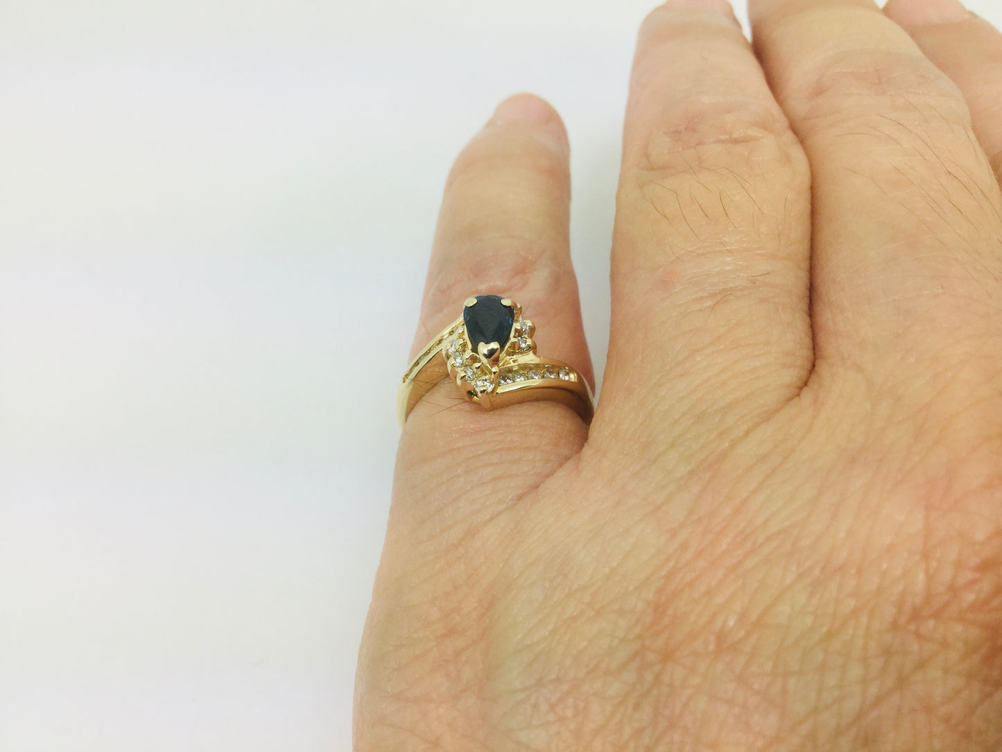 14k Yellow Gold Pear Cut 50pt Sapphire September Birthstone & 25pt Diamond Ring
