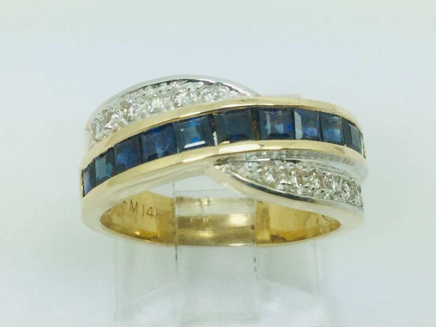 14k Yellow Gold Princess Cut 0.88ct Sapphire & 0.12ct Diamond Row Set Ring