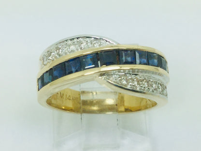 14k Yellow Gold Princess Cut 0.88ct Sapphire & 0.12ct Diamond Row Set Ring