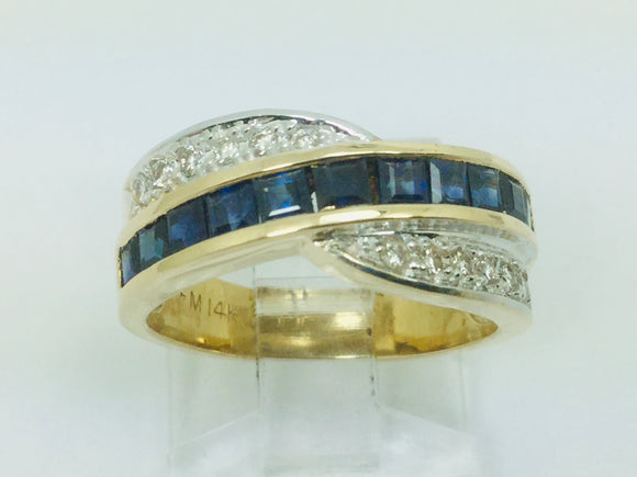 14k Yellow Gold Princess Cut 88pt Sapphire & 12pt Diamond Row Set Ring