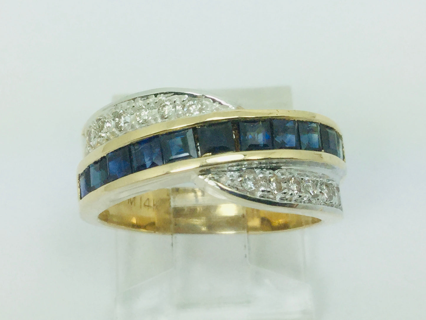 14k Yellow Gold Princess Cut 0.88ct Sapphire & 0.12ct Diamond Row Set Ring