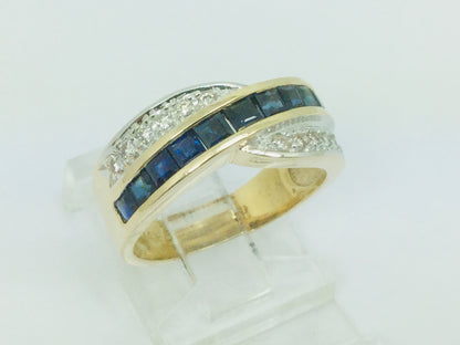 14k Yellow Gold Princess Cut 0.88ct Sapphire & 0.12ct Diamond Row Set Ring