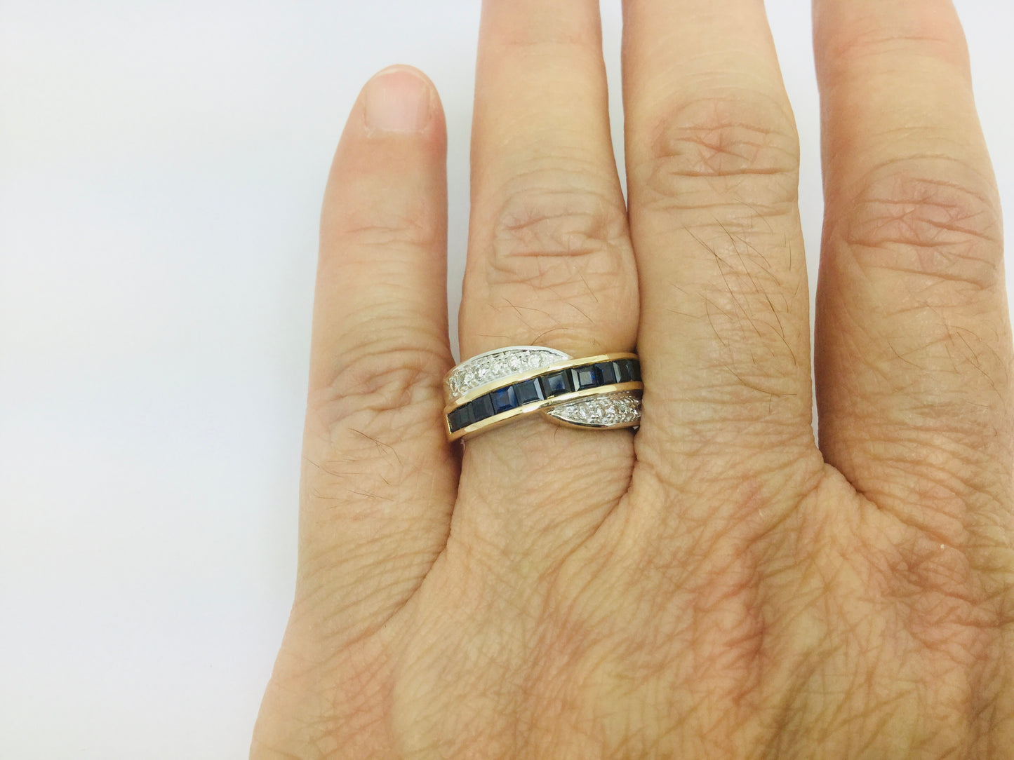 14k Yellow Gold Princess Cut 0.88ct Sapphire & 0.12ct Diamond Row Set Ring