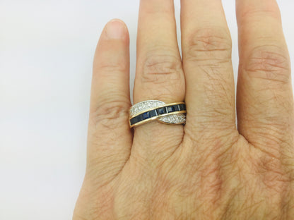 14k Yellow Gold Princess Cut 0.88ct Sapphire & 0.12ct Diamond Row Set Ring