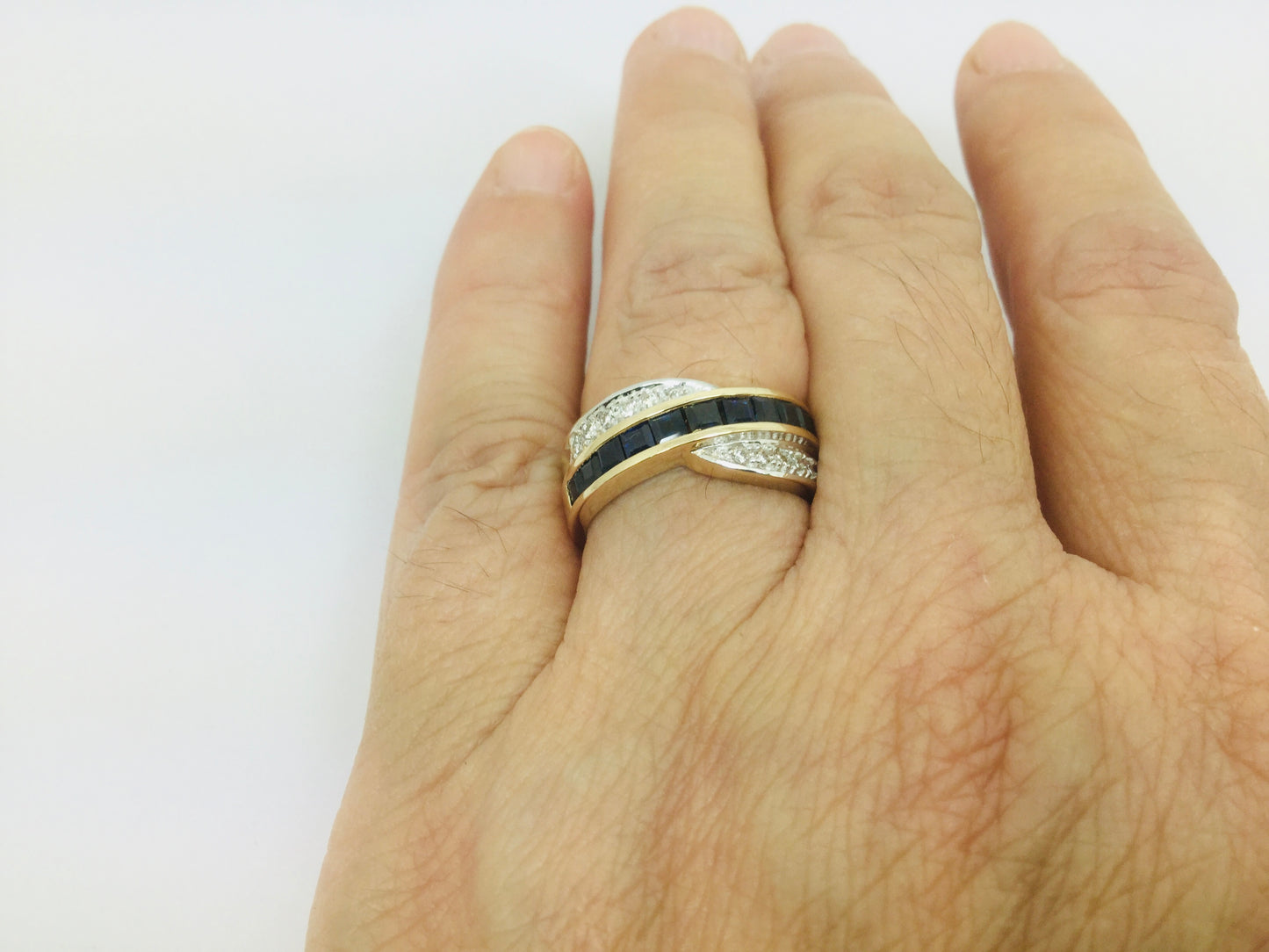 14k Yellow Gold Princess Cut 0.88ct Sapphire & 0.12ct Diamond Row Set Ring