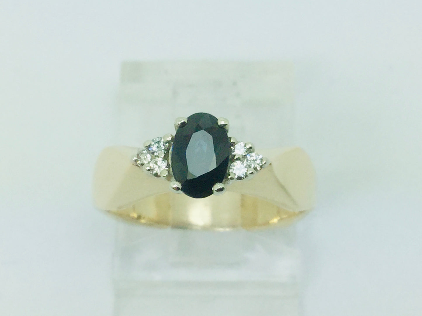 14k Yellow Gold Oval Cut 50pt Sapphire September Birthstone & 6pt Diamond Geometric Ring