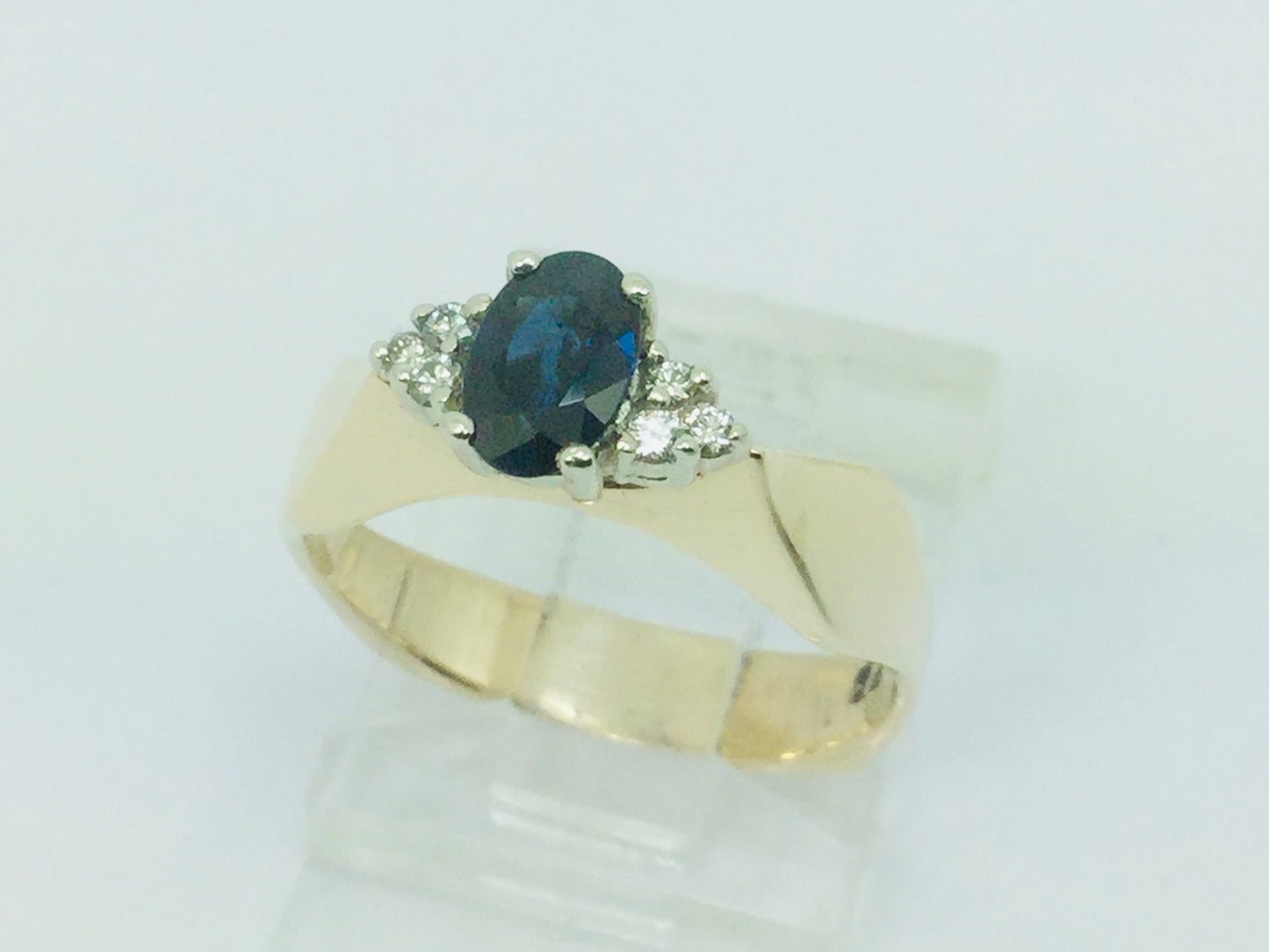 14k Yellow Gold Oval Cut 50pt Sapphire September Birthstone & 6pt Diamond Geometric Ring