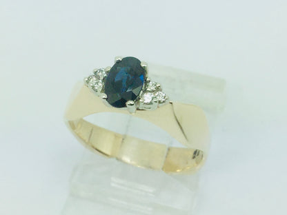 14k Yellow Gold Oval Cut 50pt Sapphire September Birthstone & 6pt Diamond Geometric Ring