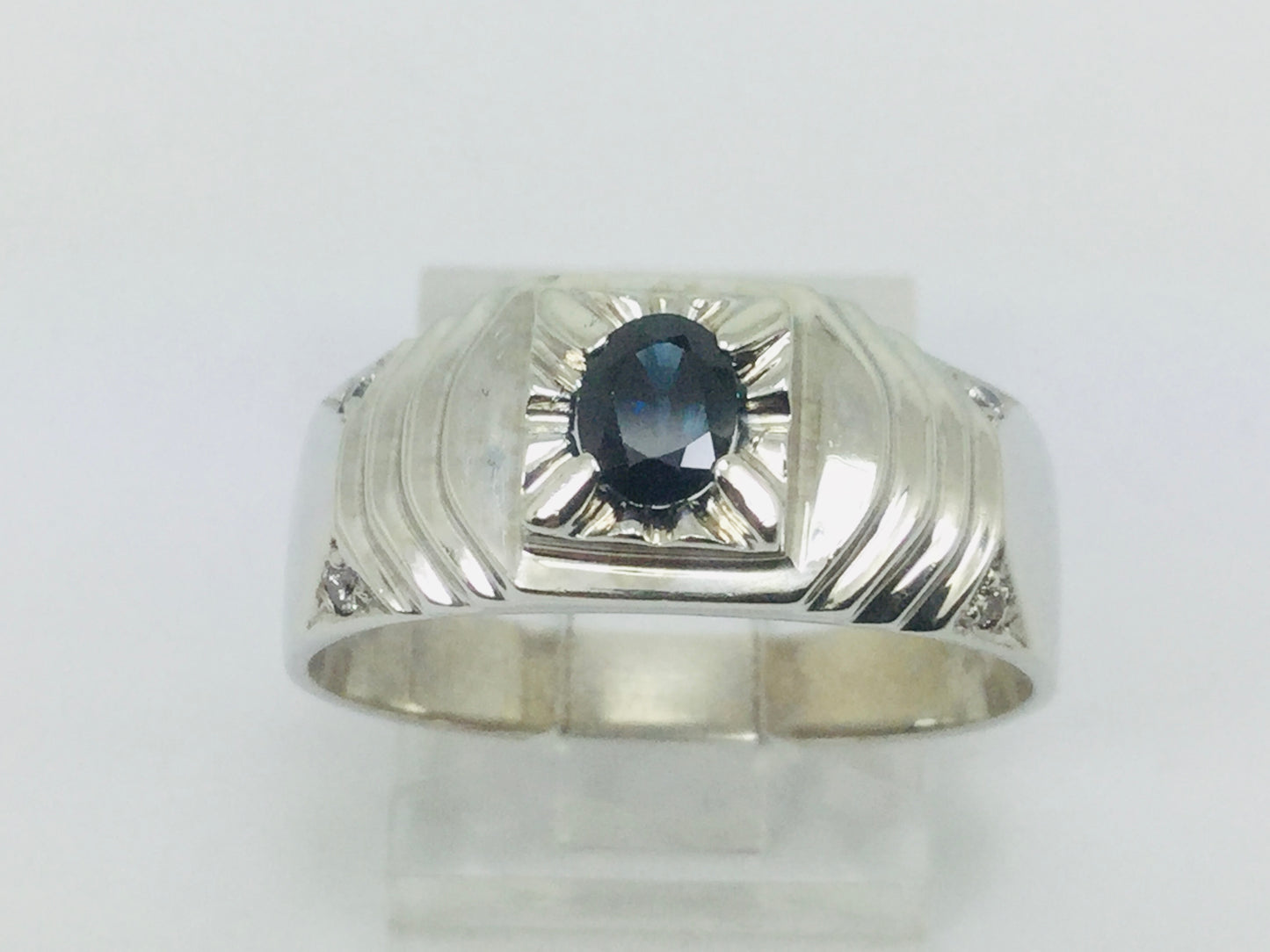 10k White Gold Oval Cut Sapphire September Birthstone & 4pt Diamond Ring