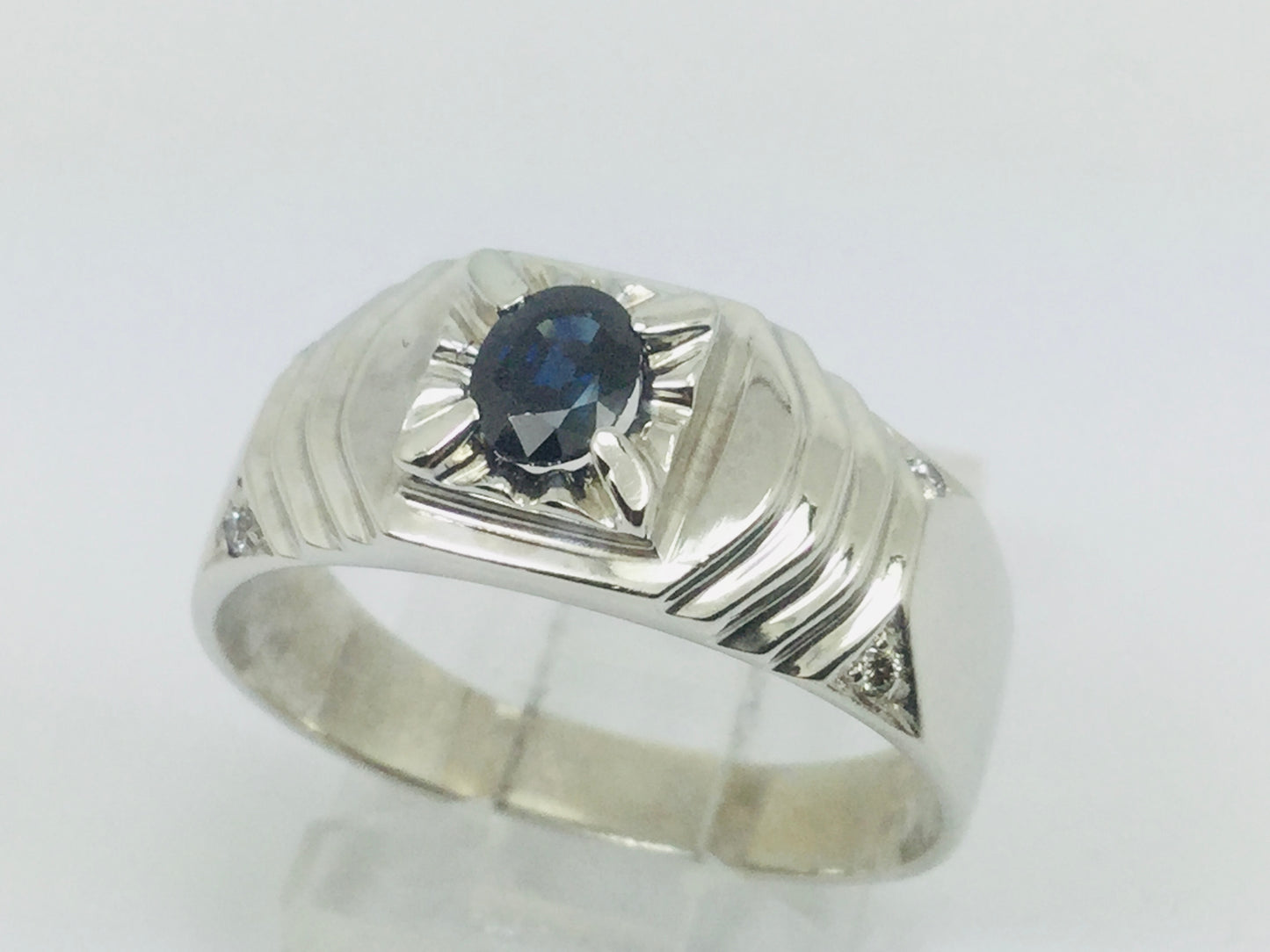 10k White Gold Oval Cut Sapphire September Birthstone & 4pt Diamond Ring