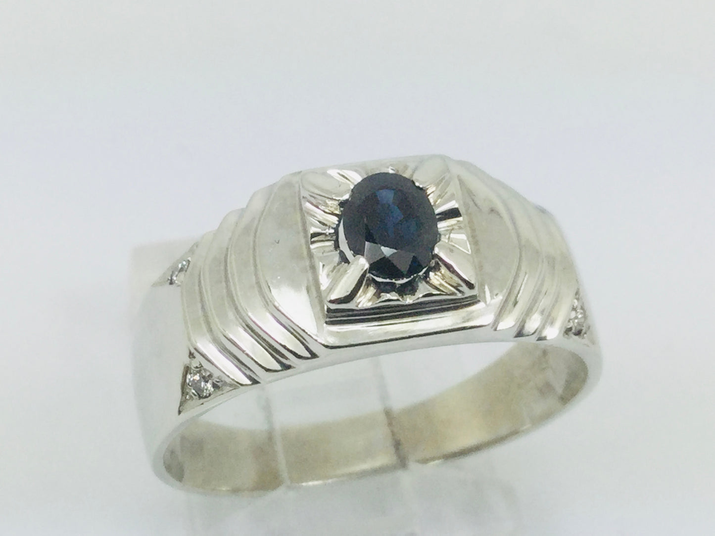 10k White Gold Oval Cut Sapphire September Birthstone & 4pt Diamond Ring
