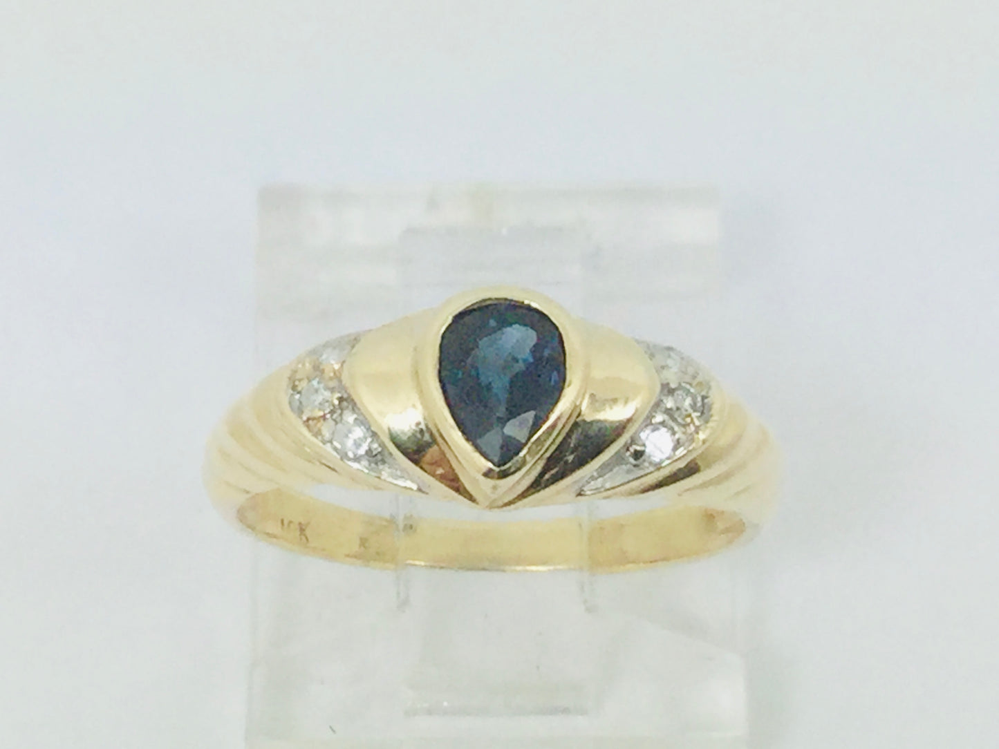 10k Yellow Gold Pear Cut 30pt Sapphire September Birthstone & 3pt Diamond Ring