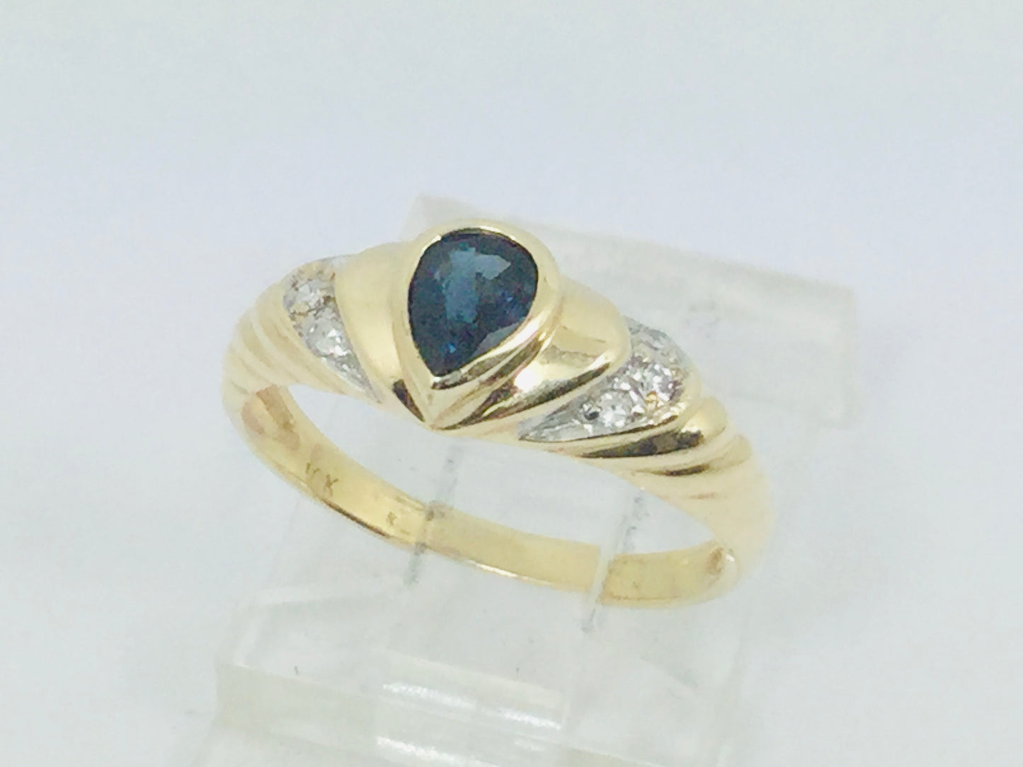 10k Yellow Gold Pear Cut 30pt Sapphire September Birthstone & 3pt Diamond Ring