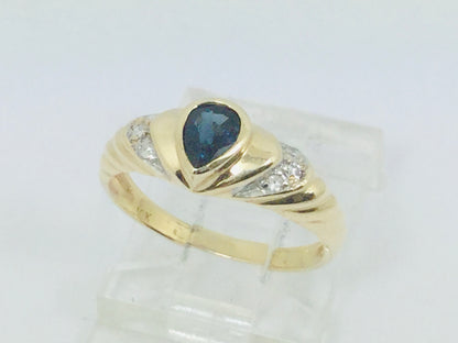 10k Yellow Gold Pear Cut 30pt Sapphire September Birthstone & 3pt Diamond Ring