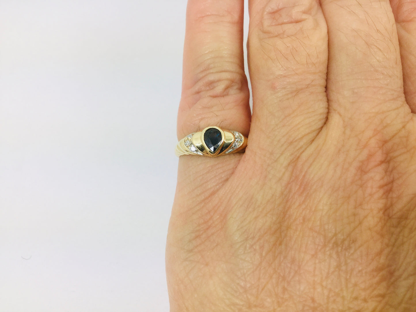 10k Yellow Gold Pear Cut 30pt Sapphire September Birthstone & 3pt Diamond Ring