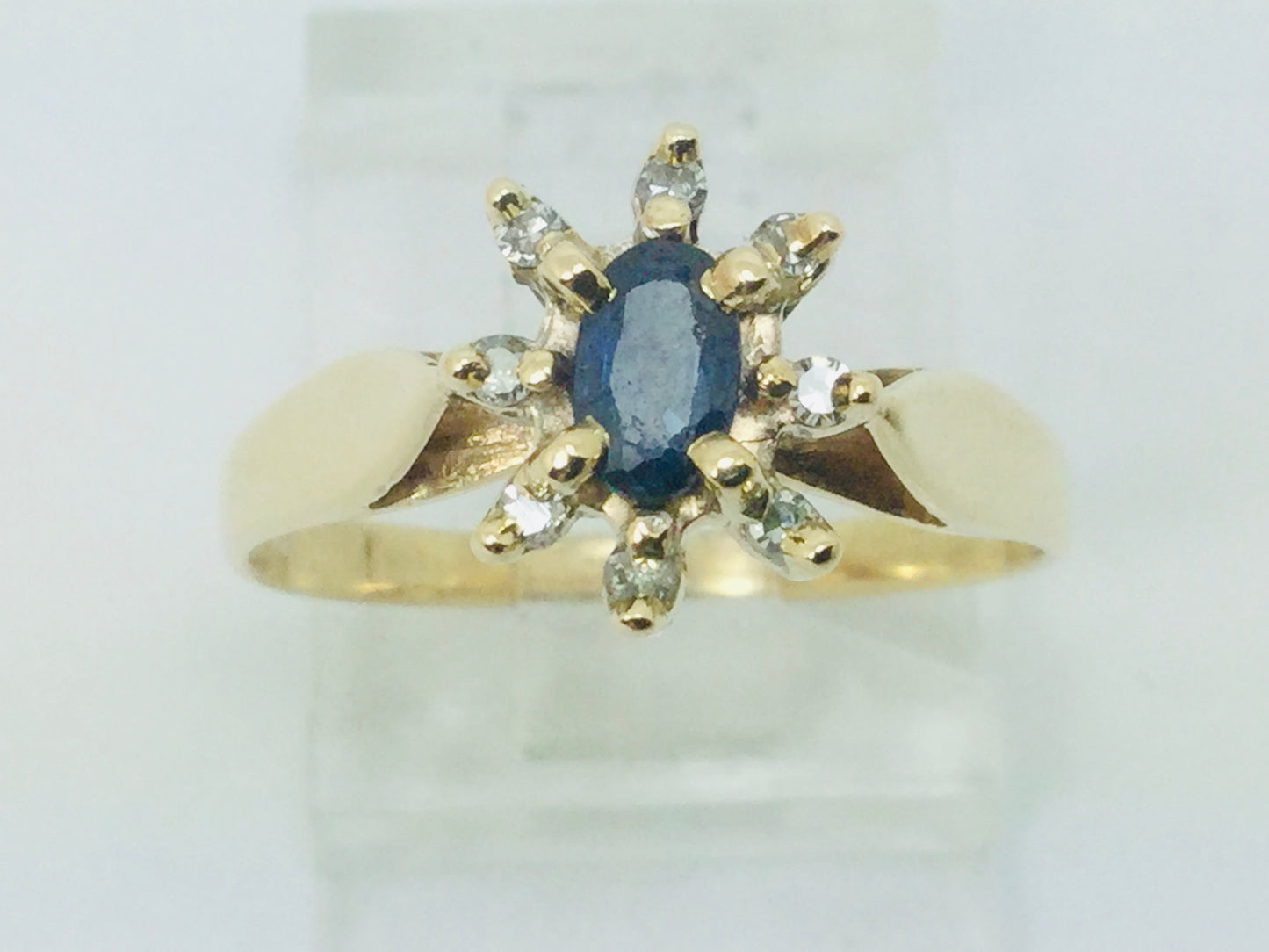 10k Yellow Gold Oval Cut 25pt Sapphire September Birthstone & 8pt Diamond Halo Ring