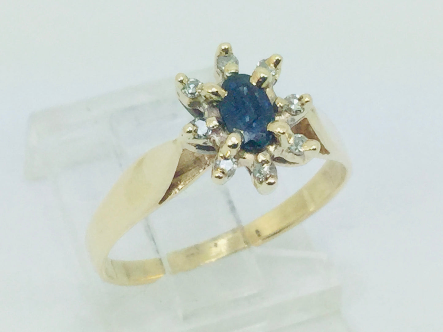 10k Yellow Gold Oval Cut 25pt Sapphire September Birthstone & 8pt Diamond Halo Ring