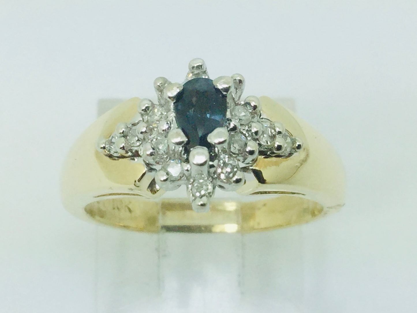 10k Yellow Gold Oval Cut 30pt Sapphire September Birthstone & 14pt Diamond Halo Cluster Ring