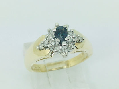 10k Yellow Gold Oval Cut 30pt Sapphire September Birthstone & 14pt Diamond Halo Cluster Ring