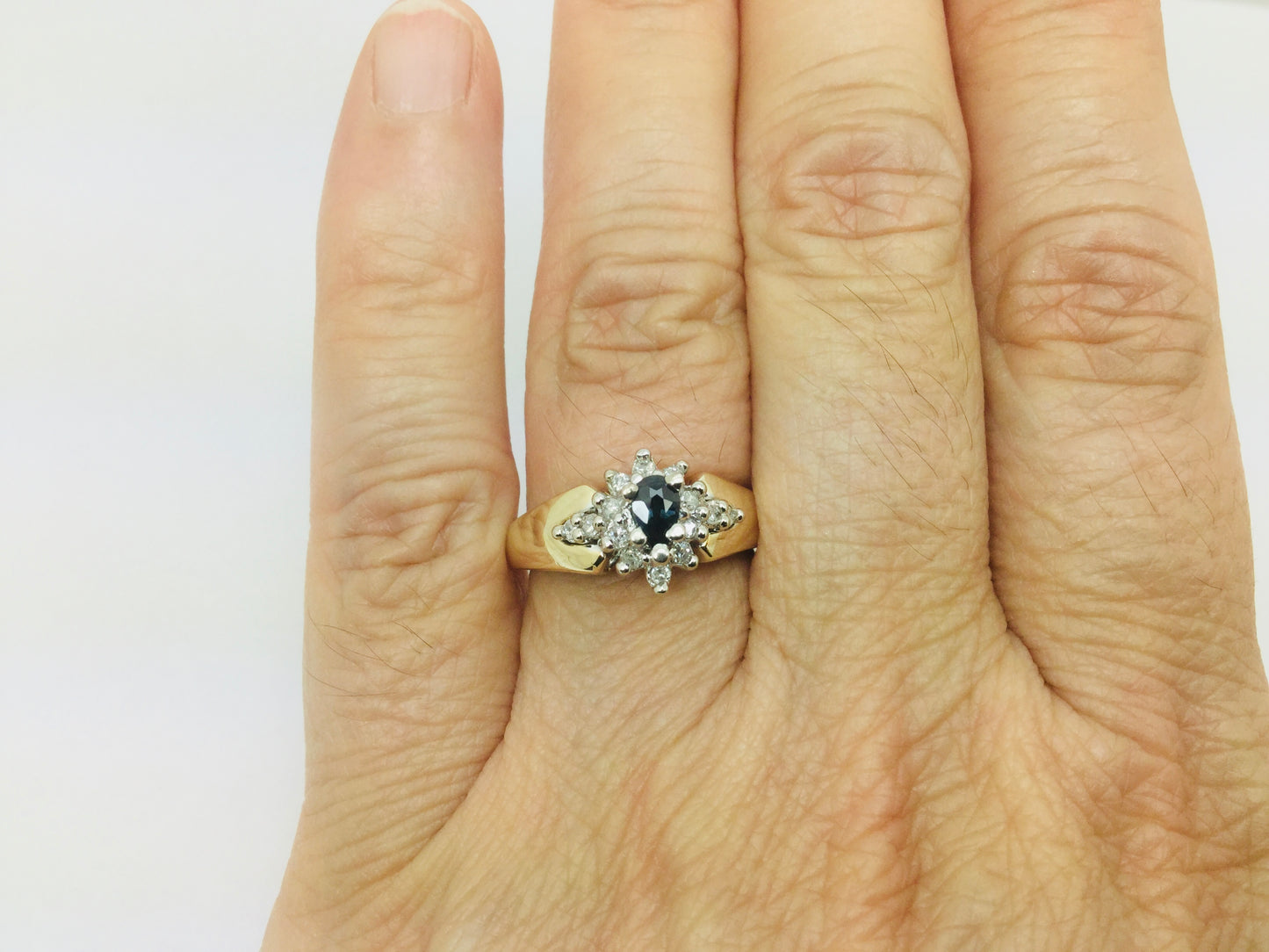 10k Yellow Gold Oval Cut 30pt Sapphire September Birthstone & 14pt Diamond Halo Cluster Ring